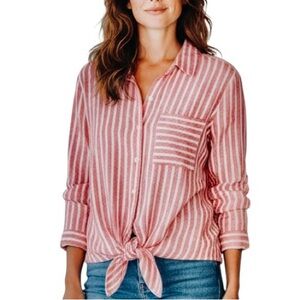 Lucky Brand Women’s Coral Cream Blue Pinstripe Button Down Shirt Large Top